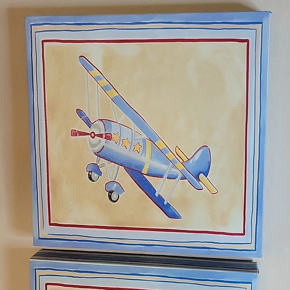 Vintage Airplane Wall Art Pair - Red & Blue Children's Prints